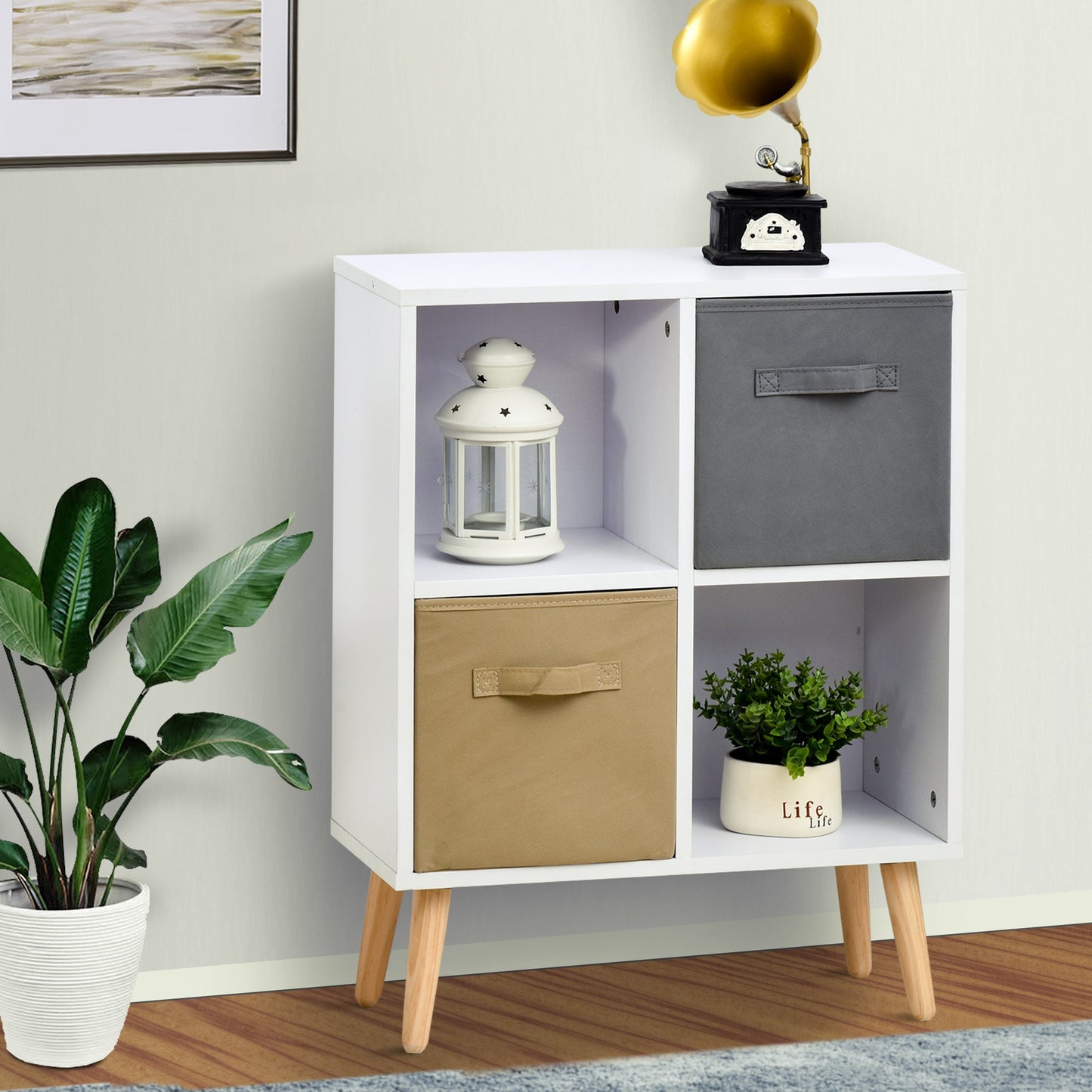 Freestanding 4 Cube Storage Cabinet Unit w/ 2 Fabric Drawers Handles Home Office Organisation Shelves Furniture 54.5L x 24W x 69.5H cm-1