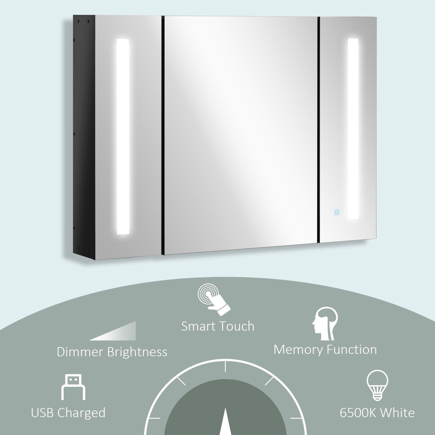 LED Bathroom Cabinet with Mirror, Wall Mounted Dimmable Storage Organiser with 3 Mirrored Doors and Adjustable Shelves-4