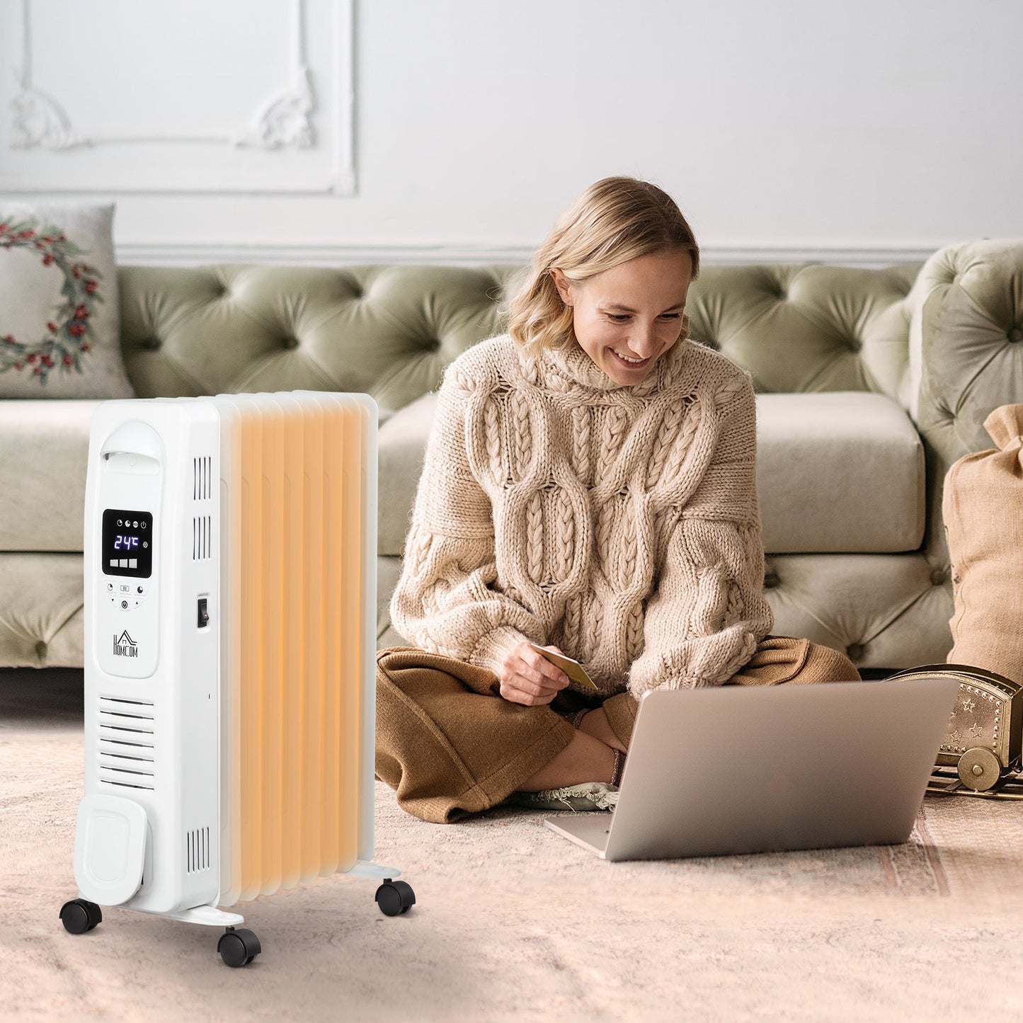 2180W Digital Oil Filled Radiator, 9 Fin, Portable Electric Heater with LED Display, 3 Heat Settings, Safety Cut-Off and Remote Control, White-1