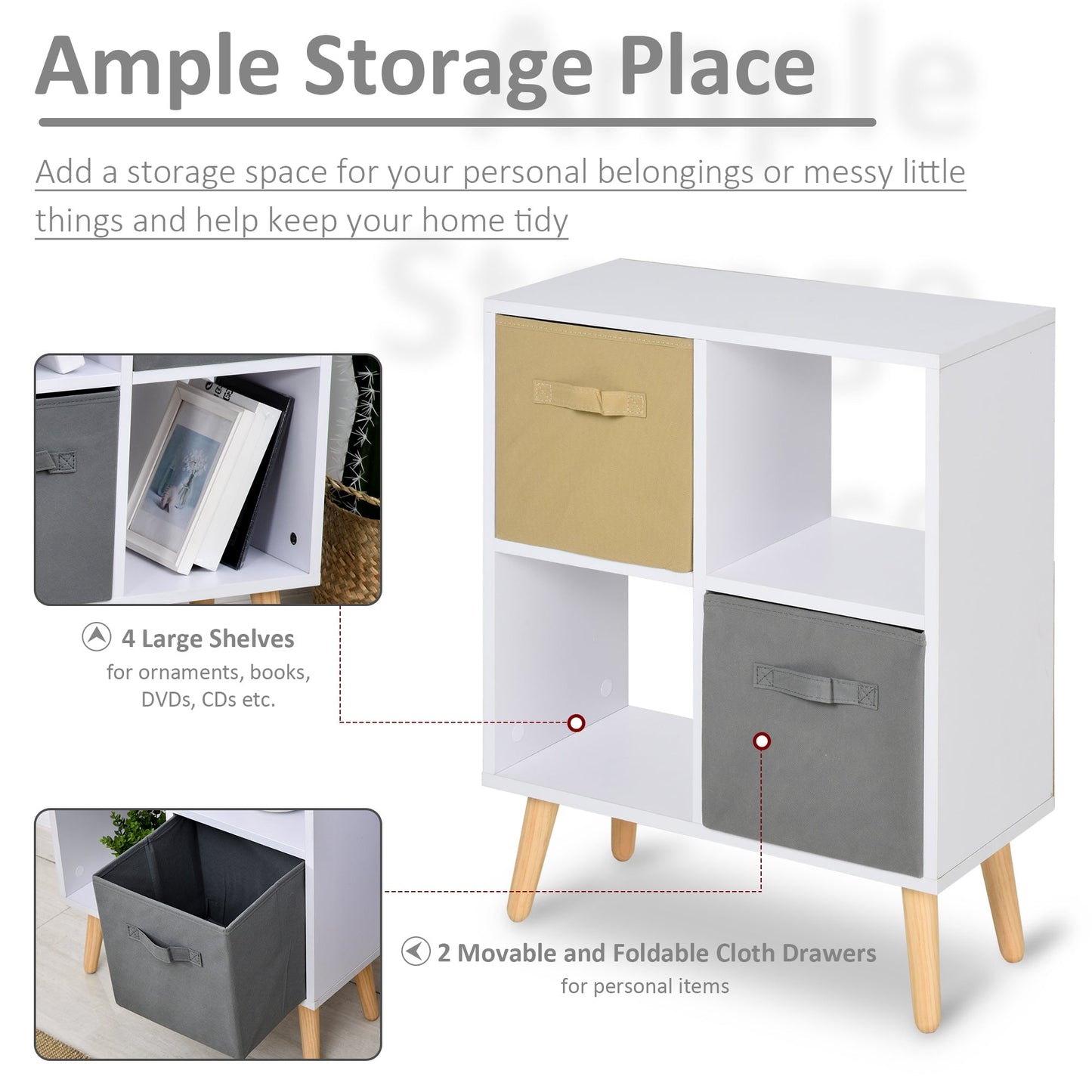 Freestanding 4 Cube Storage Cabinet Unit w/ 2 Fabric Drawers Handles Home Office Organisation Shelves Furniture 54.5L x 24W x 69.5H cm-4