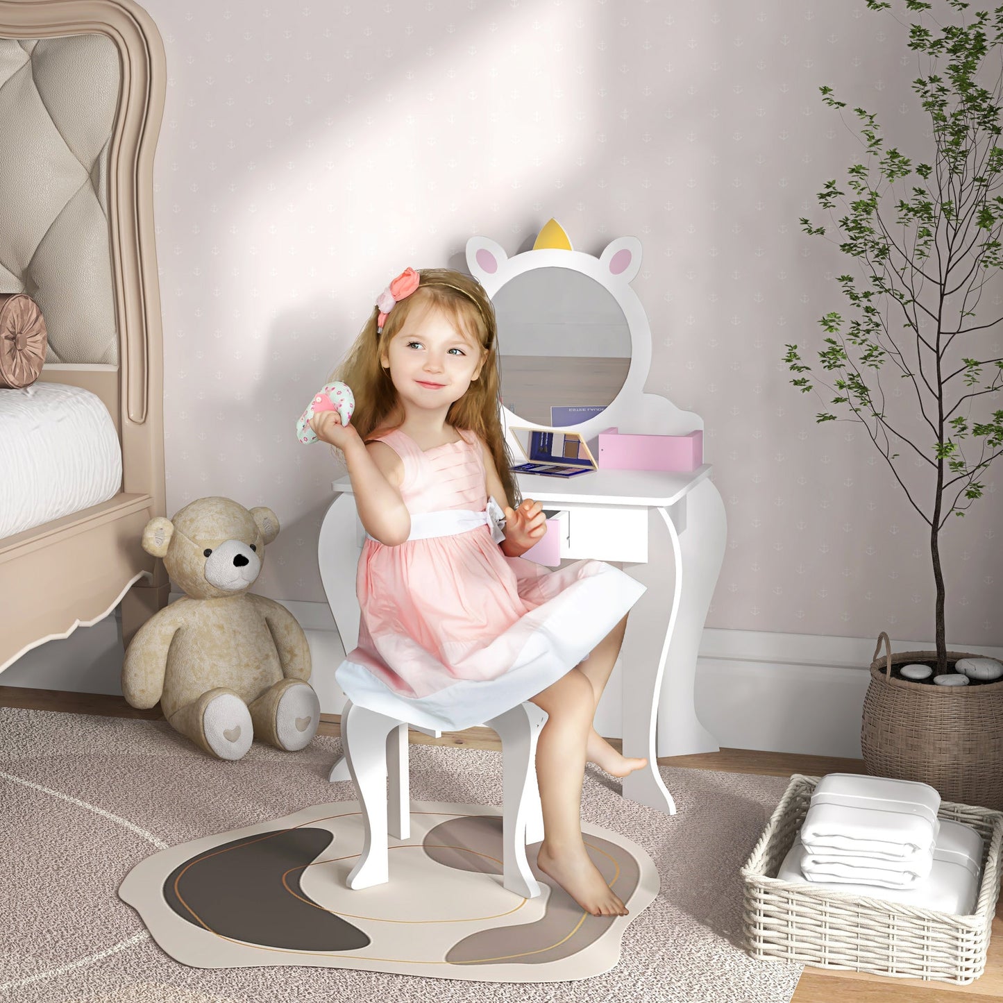 Unicorn-Design Kids Dressing Table, with Mirror and Stool - White-1
