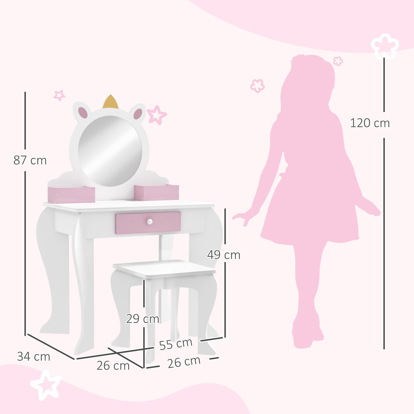 Unicorn-Design Kids Dressing Table, with Mirror and Stool - White-2