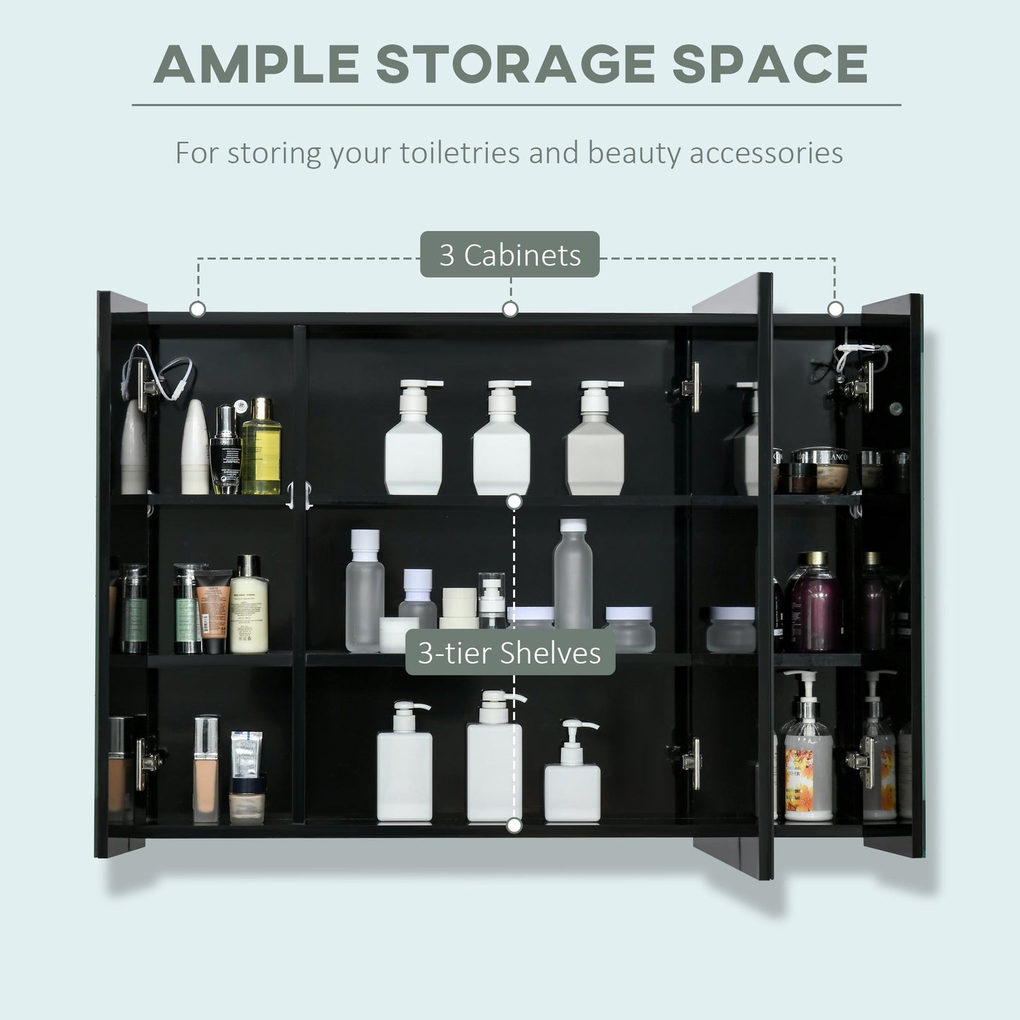 LED Bathroom Cabinet with Mirror, Wall Mounted Dimmable Storage Organiser with 3 Mirrored Doors and Adjustable Shelves-3