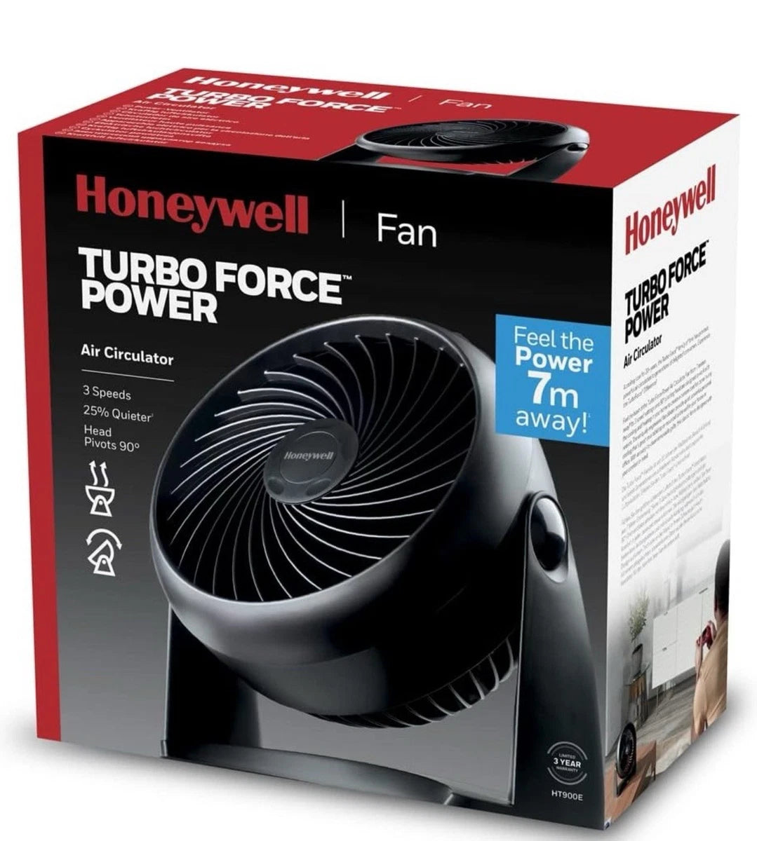Honeywell TurboForce Power Fan HT900E - 90° Variable Tilt, 3 Speeds (Black)