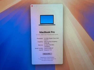Pre-owned Apple MacBook Pro A2251 Intel Core i7 2.3GHz 13" 2020 512GB SSD 32GB RAM Silver