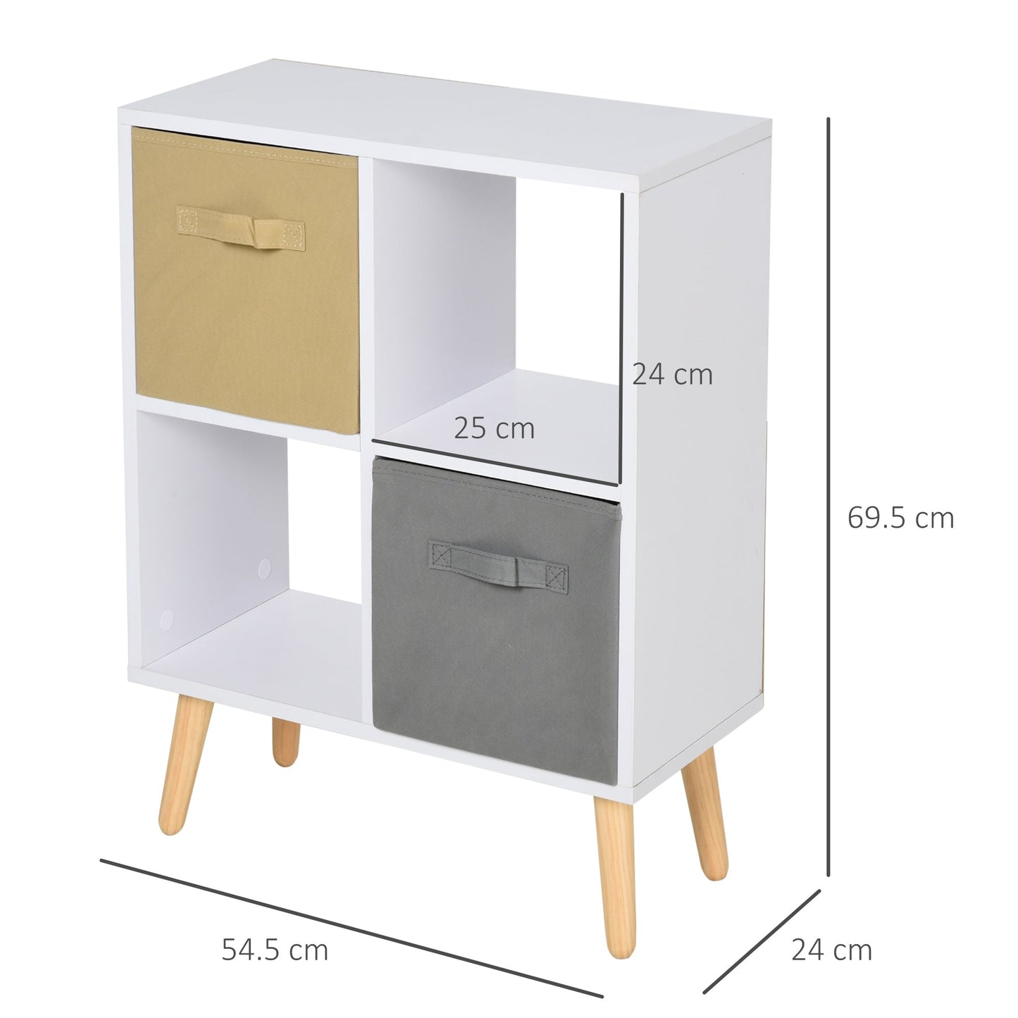 Freestanding 4 Cube Storage Cabinet Unit w/ 2 Fabric Drawers Handles Home Office Organisation Shelves Furniture 54.5L x 24W x 69.5H cm-2