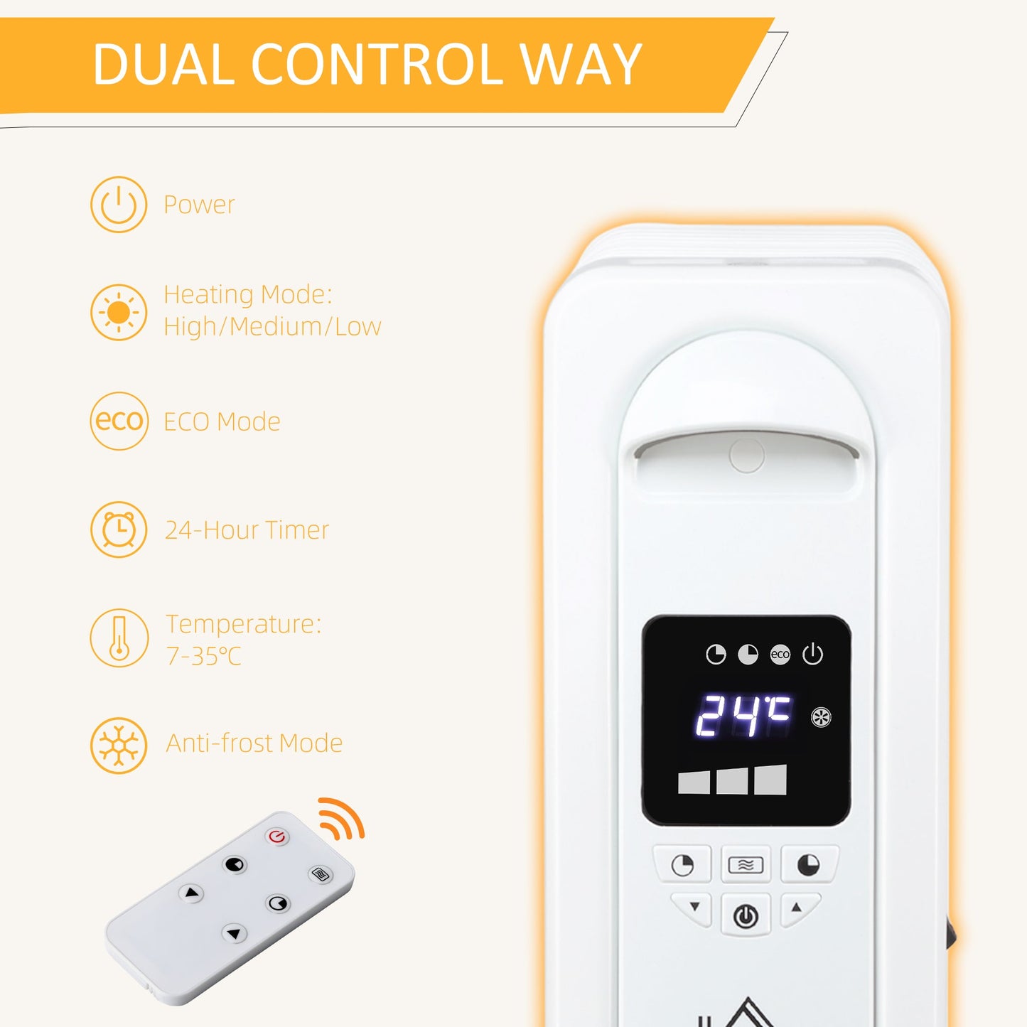 2180W Digital Oil Filled Radiator, 9 Fin, Portable Electric Heater with LED Display, 3 Heat Settings, Safety Cut-Off and Remote Control, White-4