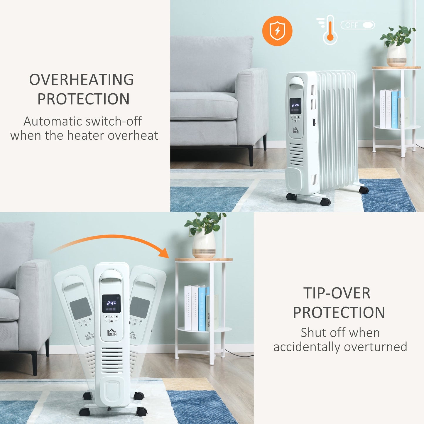 2180W Digital Oil Filled Radiator, 9 Fin, Portable Electric Heater with LED Display, 3 Heat Settings, Safety Cut-Off and Remote Control, White-3