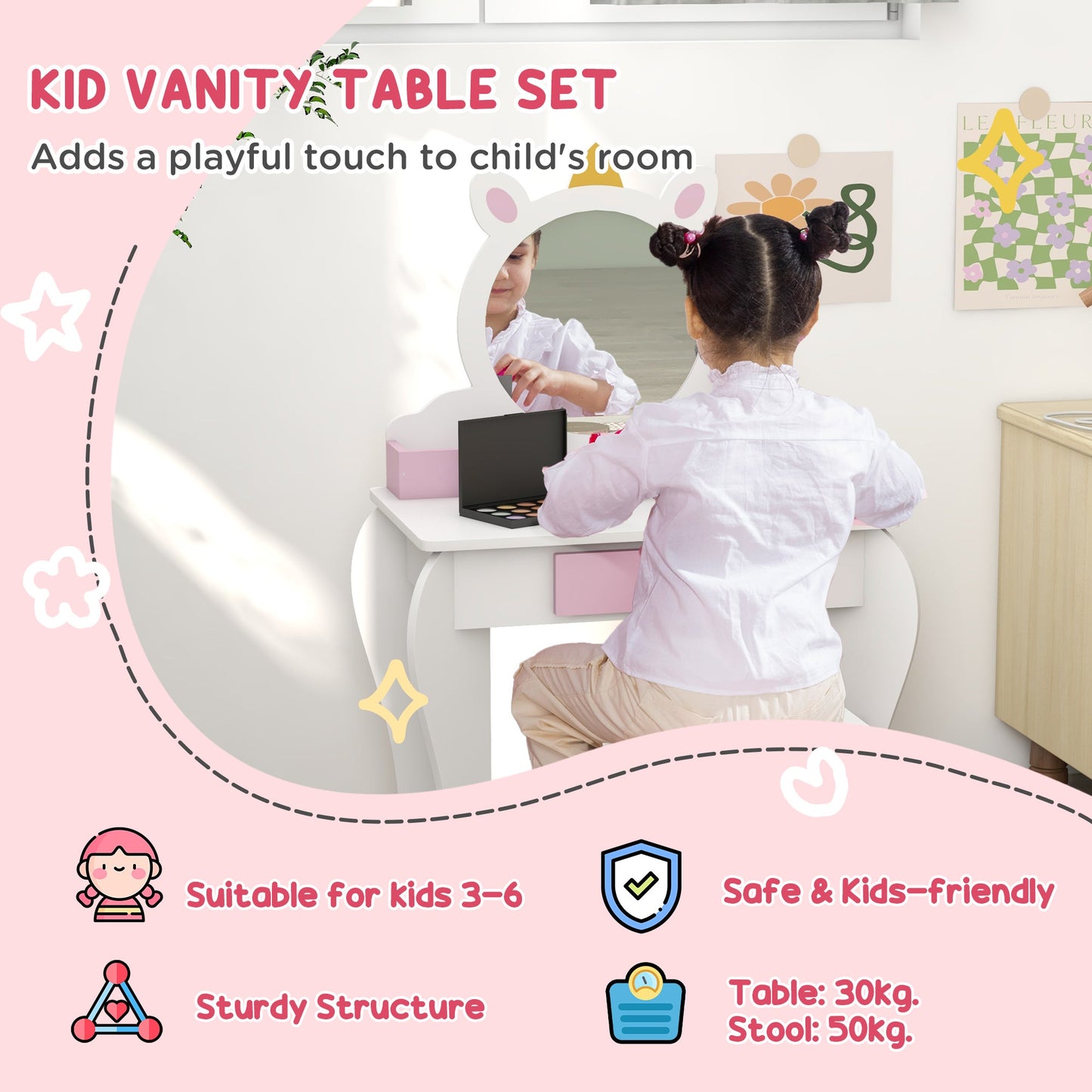 Unicorn-Design Kids Dressing Table, with Mirror and Stool - White-3