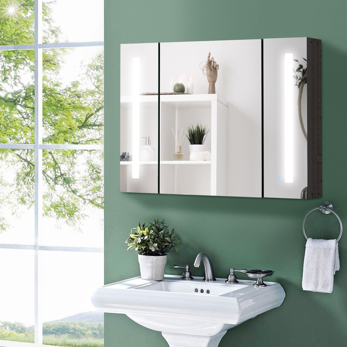 LED Bathroom Cabinet with Mirror, Wall Mounted Dimmable Storage Organiser with 3 Mirrored Doors and Adjustable Shelves-1