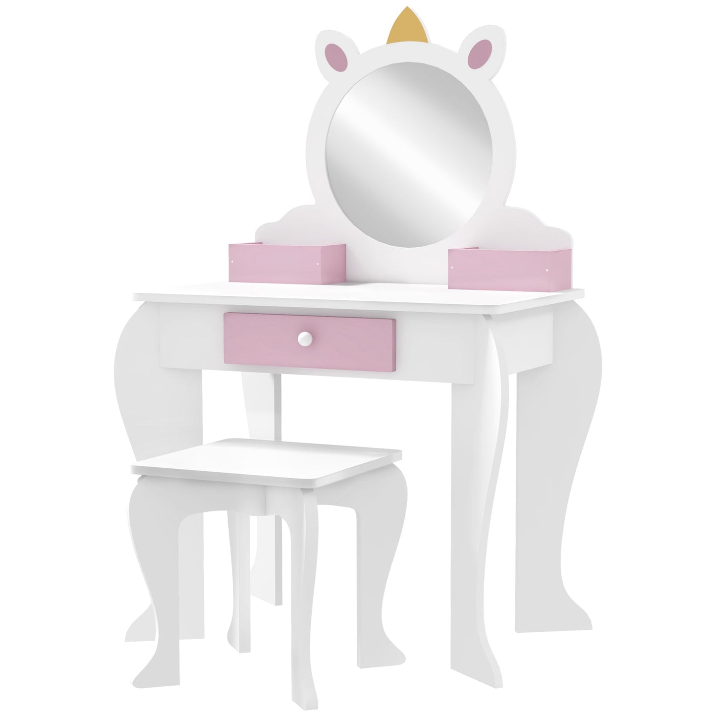 Unicorn-Design Kids Dressing Table, with Mirror and Stool - White-0