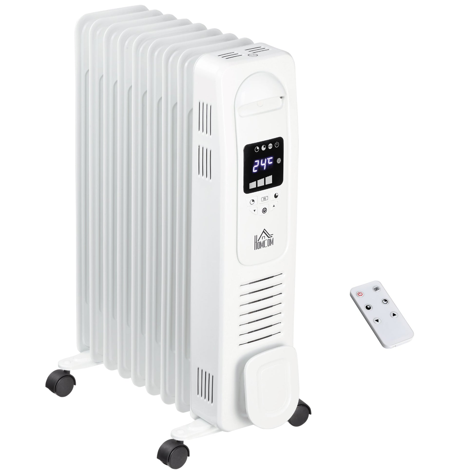 2180W Digital Oil Filled Radiator, 9 Fin, Portable Electric Heater with LED Display, 3 Heat Settings, Safety Cut-Off and Remote Control, White-0