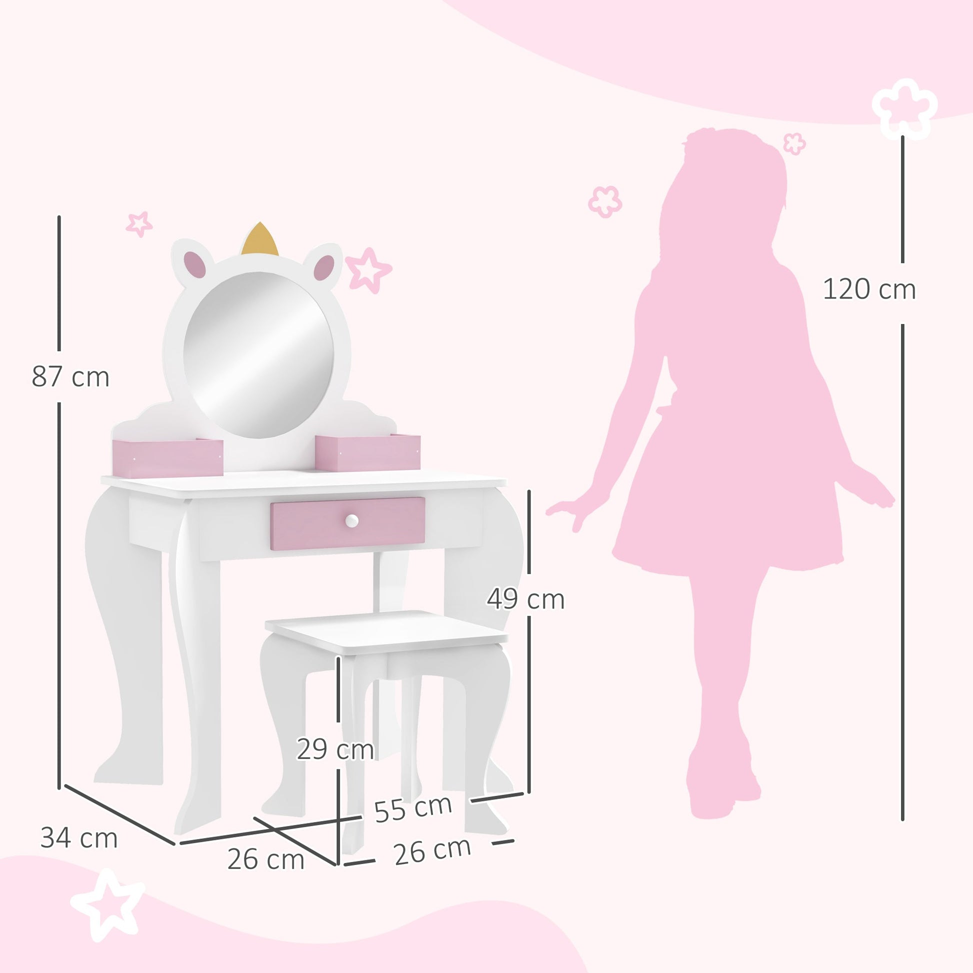 Unicorn-Design Kids Dressing Table, with Mirror and Stool - White-2