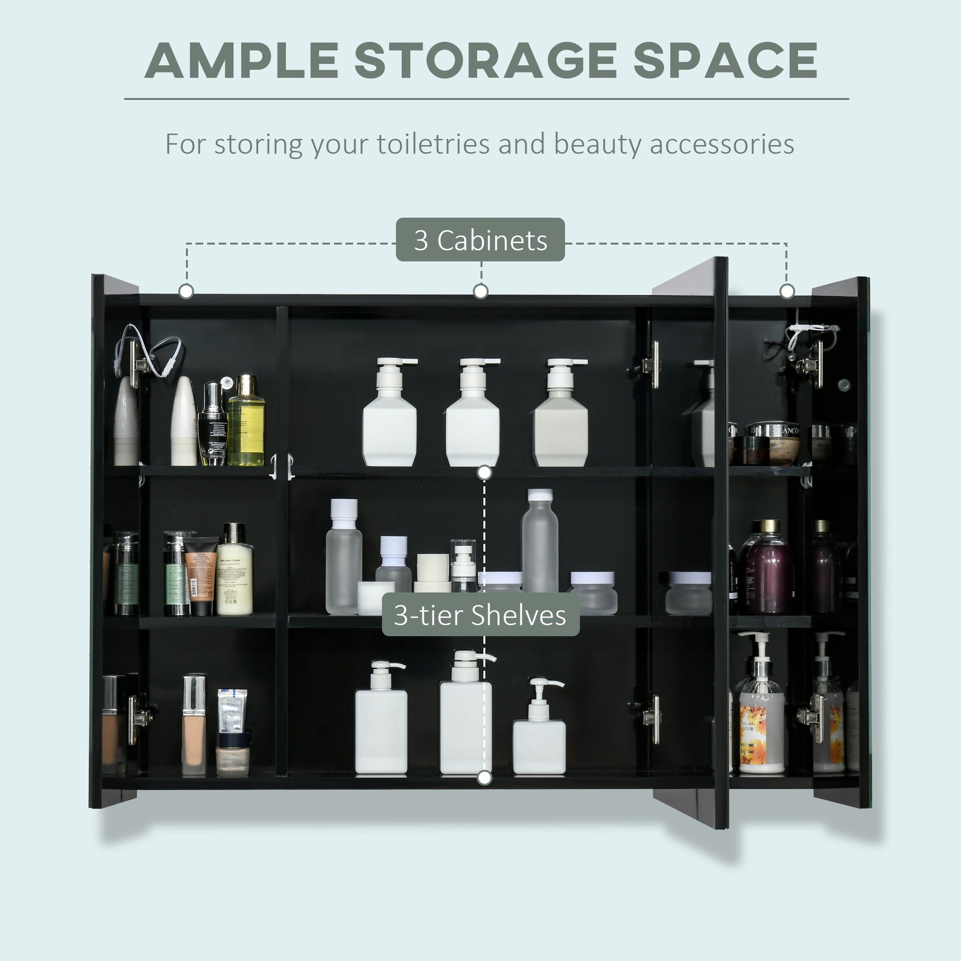LED Bathroom Cabinet with Mirror, Wall Mounted Dimmable Storage Organiser with 3 Mirrored Doors and Adjustable Shelves-3