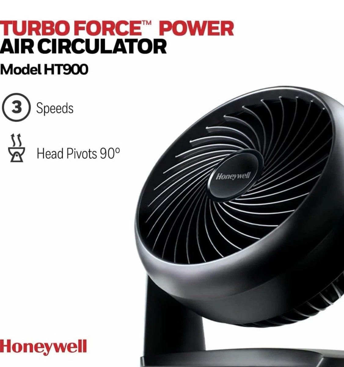 Honeywell TurboForce Power Fan HT900E - 90° Variable Tilt, 3 Speeds (Black)