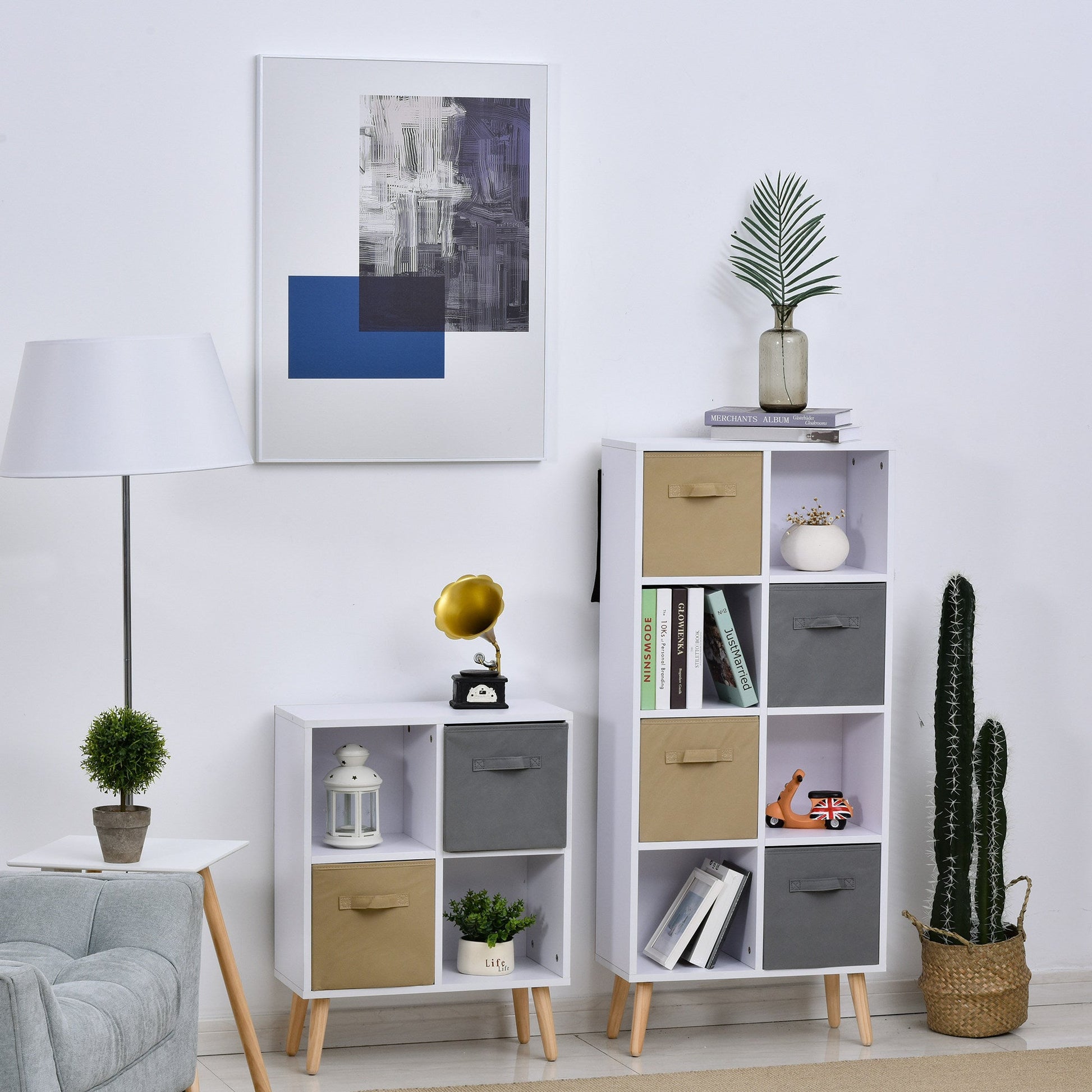Freestanding 4 Cube Storage Cabinet Unit w/ 2 Fabric Drawers Handles Home Office Organisation Shelves Furniture 54.5L x 24W x 69.5H cm-3