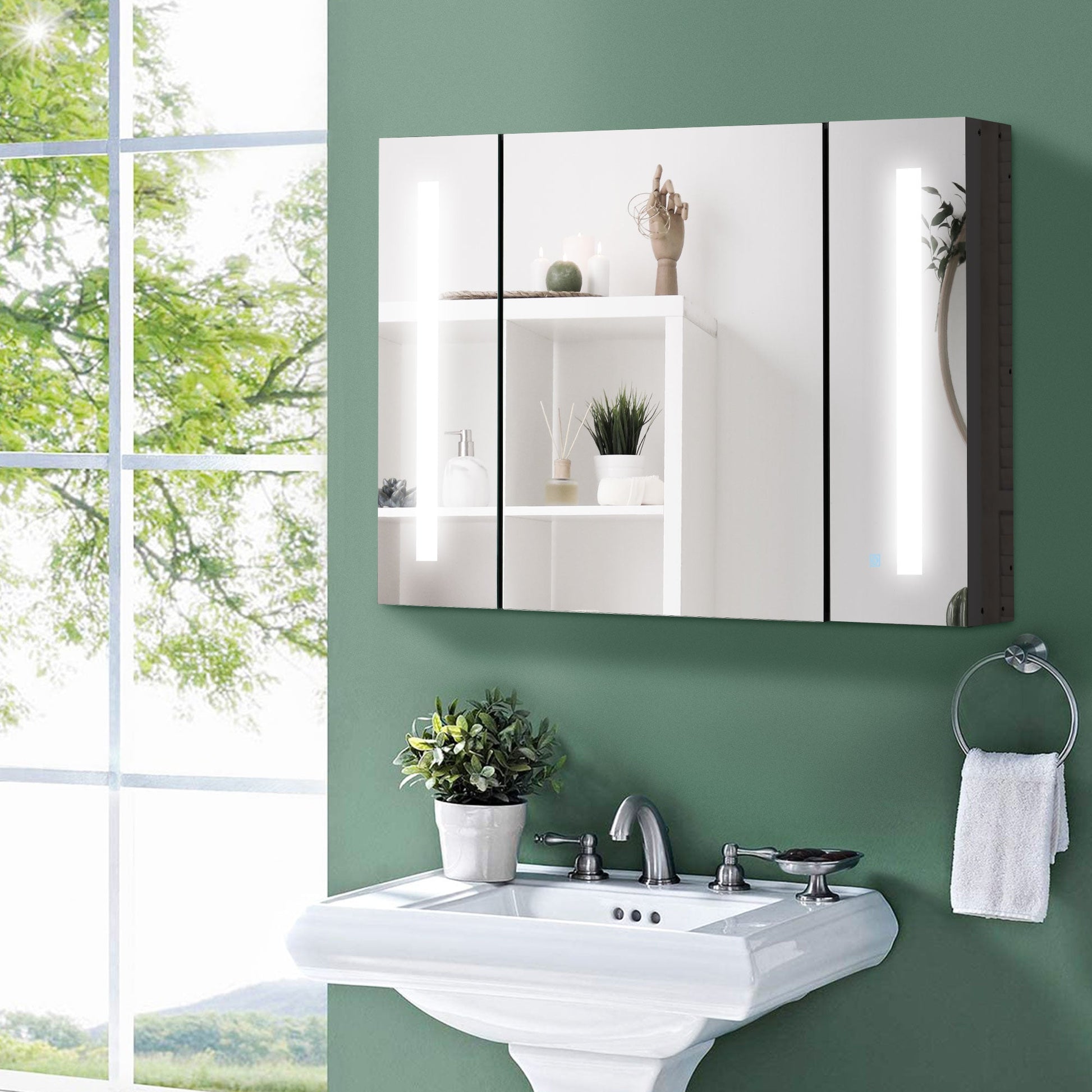 LED Bathroom Cabinet with Mirror, Wall Mounted Dimmable Storage Organiser with 3 Mirrored Doors and Adjustable Shelves-1