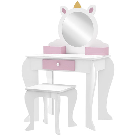 Unicorn-Design Kids Dressing Table, with Mirror and Stool - White-0